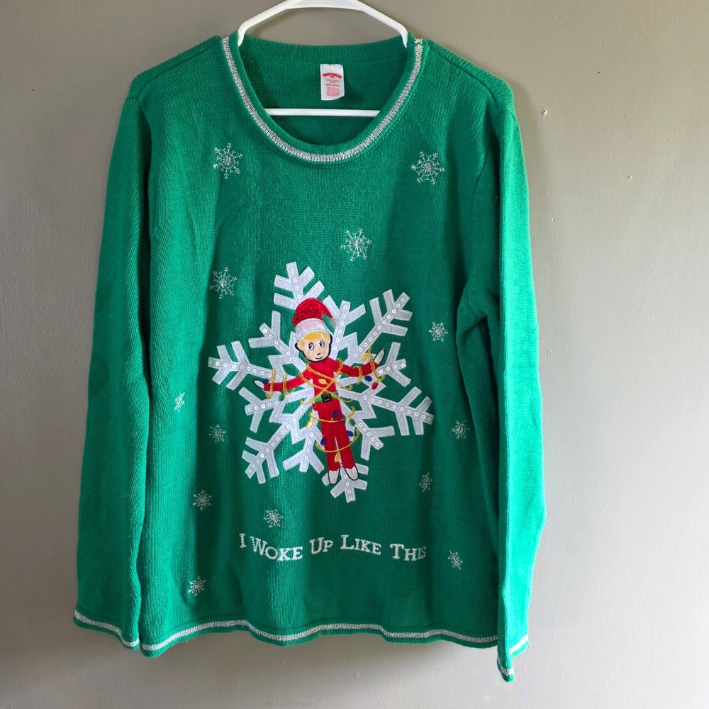 Holiday Time Womens Ugly Christmas Sweater Elf Size XXL Green Embroidered Snow